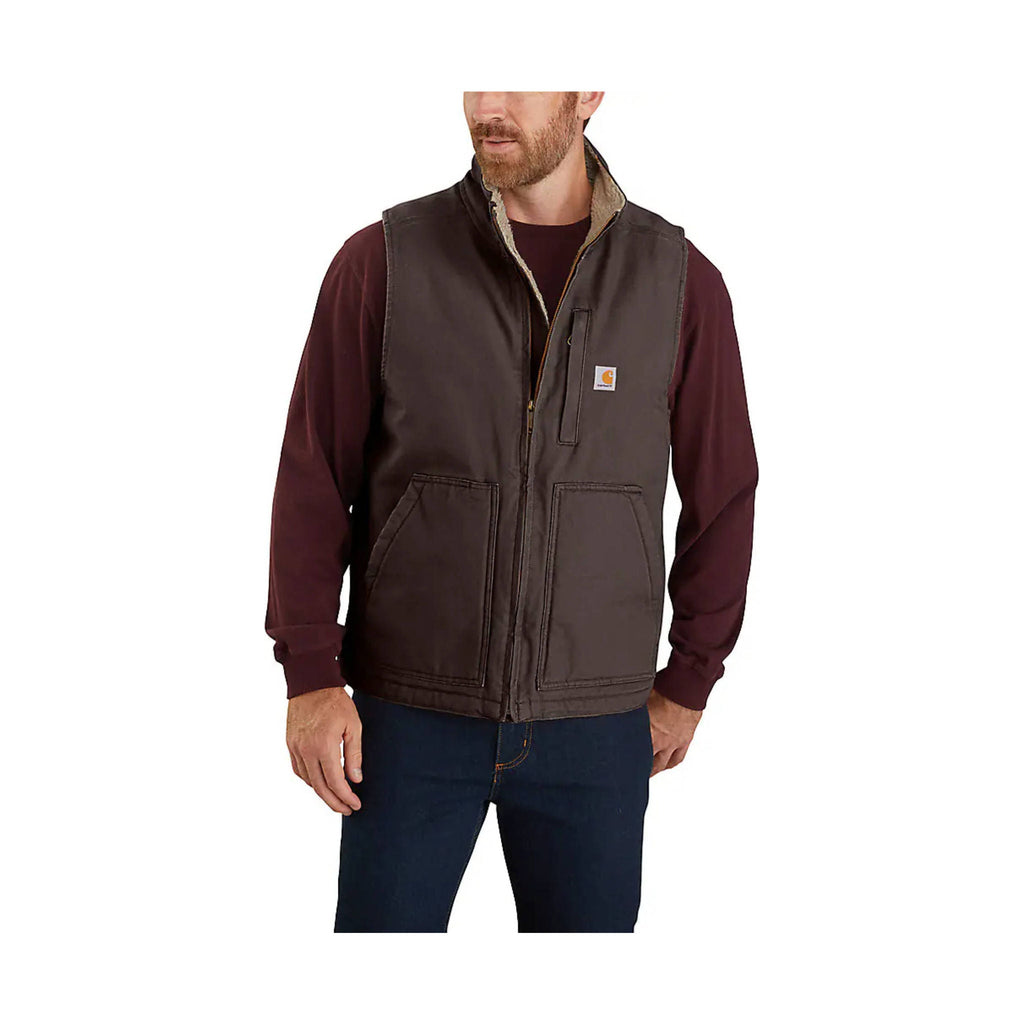 Carhartt Men's Mock Neck Sherpa Lined Loose Fit Washed Duck Vest - Dark Brown - Lenny's Shoe & Apparel